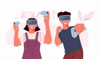 Vector young people playing video games with vr glasses