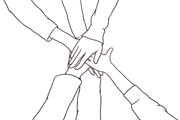 Young people putting their hands together stack of hands friendship concept hand drawn style vector illustration