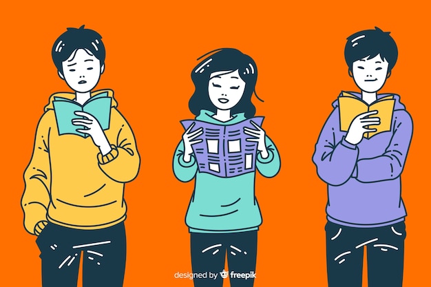 Vector young people reading in korean drawing style