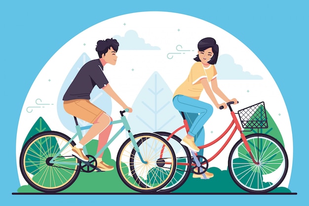 Young people riding bicycle illustration background