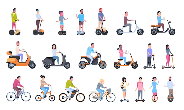 Vector young people riding modern eco transport: electric bikes, scooters, monowheels and gyroscooters