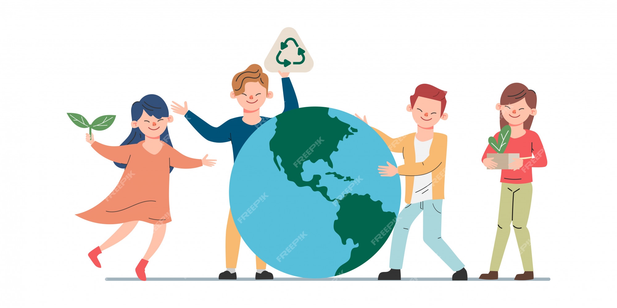 Premium Vector | Young people save the planet promoting concept. save world background animation cartoon. Premium Vector | Young people save the planet promoting concept. save world background animation cartoon.