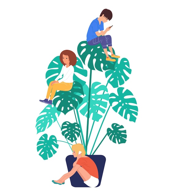 Young people sit on monstera leaves Enviroment protection Symbol Vector