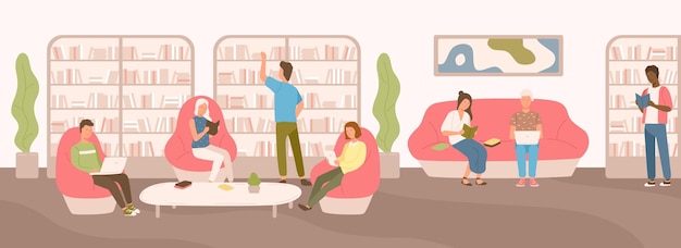 Giovani seduti su un comodo divano e in poltrone che studiano e leggono alla biblioteca pubblica. uomini e donne del fumetto piatto circondati da scaffali e scaffali con libri. illustrazione vettoriale colorato moderno.
