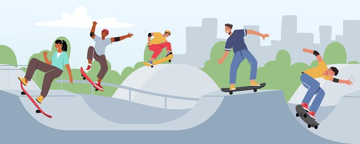 Молодые люди катаются на коньках Longboard в городском парке. Подростки, фигуристы, мальчики и девочки, свобода образа жизни. Городская культура, спорт, трюки и трюки подростков на скейтбордах. Векторные иллюстрации шаржа