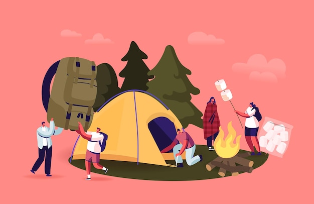 Young People Spend Time at Summer Camp in Deep Forest. Tourists Company Characters Set Up Tent, Frying Marshmallow on Campfire. Friends Hiking with Backpack on Vacation. Cartoon Vector Illustration