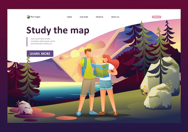 Young people study the map of the forest camping Flat 2D character Landing page concepts and web design