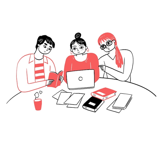 Young people study together with books and laptop prepare for school exam