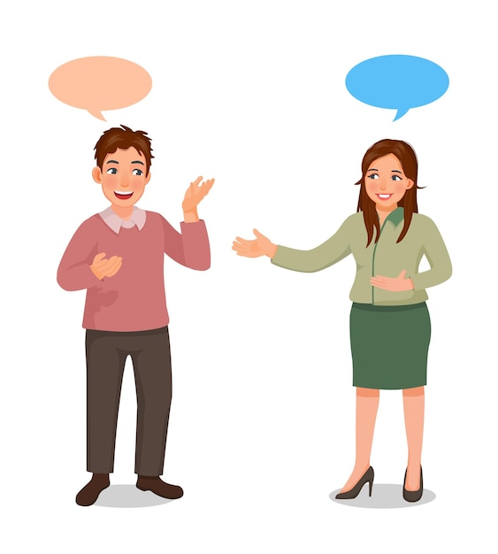 Vector young people talking between business man and woman having conversation with speech bubbles