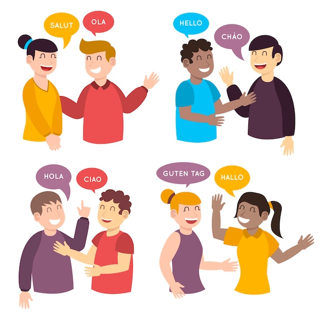 Vector young people talking in different languages illustrations