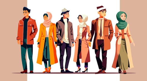 Vector young people in traditional clothes men women friends standing together full length