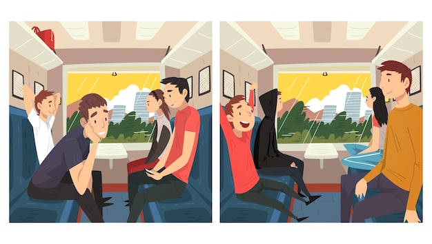 Вектор Молодые люди, путешествующие на поезде мужчины и женщины, сидящие в пассажирском железнодорожном транспорте внутренняя векторная иллюстрация поезда