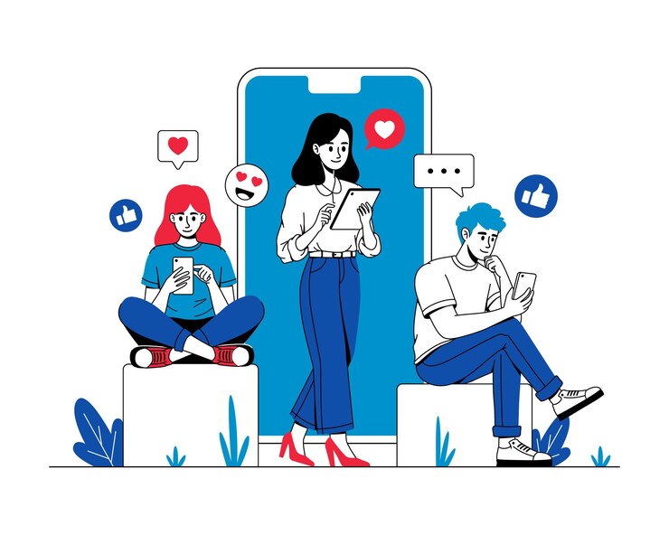 Vector young people using gadgets on social media
