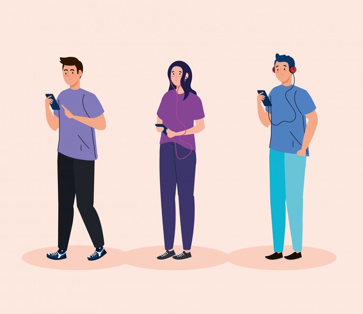 Vector 헤드폰과 스마트 폰 일러스트 디자인을 사용하는 젊은 사람들