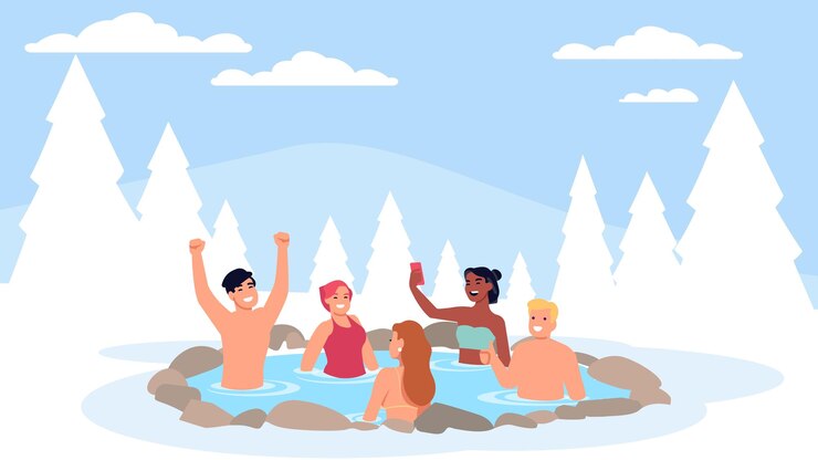 Vector young people vacationing together at winter hot spring resort friends party men and women group bathing in outdoor pool snowy fir trees happy couples relax in nature vector concept