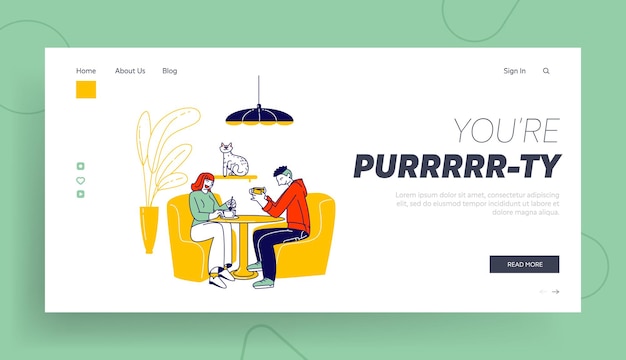 Young People Visiting Cat Cafe, Hospitality Landing Page Template.