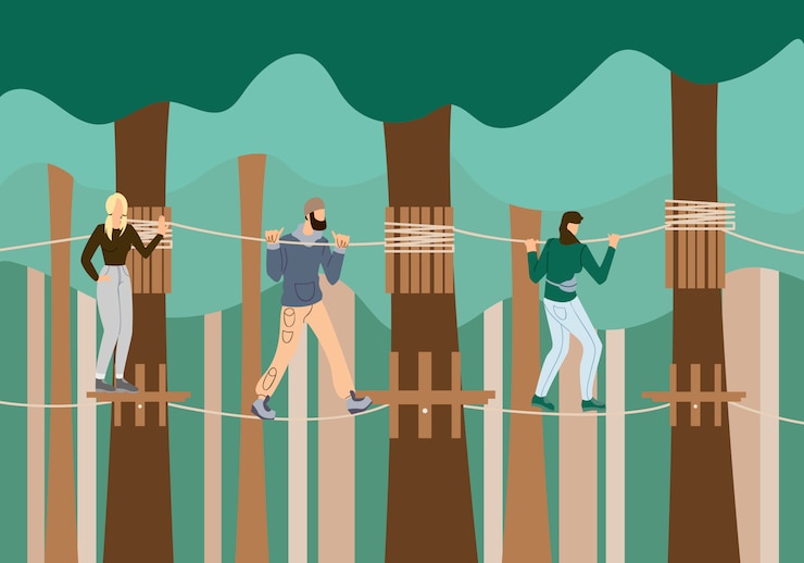 Vector young people walking in raw on suspension bridge.