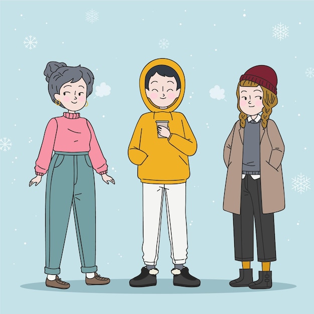 Young people wearing cozy clothes for winter