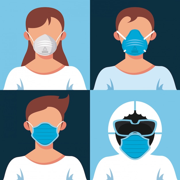 Young people wearing medical masks characters