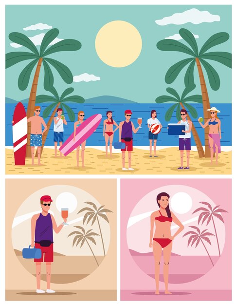 Young people wearing swimsuits on the beach characters scenes