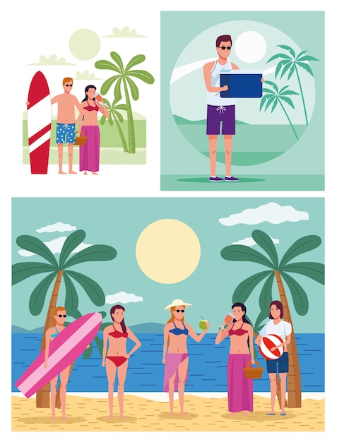 Vector young people wearing swimsuits on the beach characters set scenes