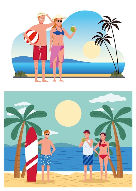 Vector young people wearing swimsuits on the beach scenes