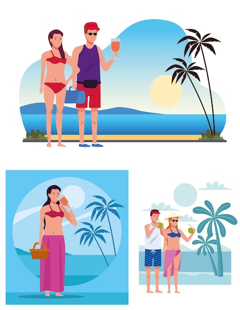 Vector young people wearing swimsuits on the beach scenes