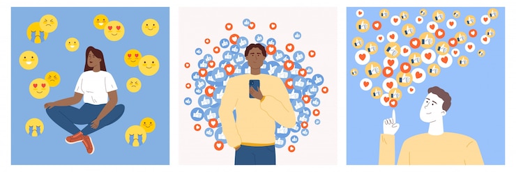 Vector young people who use social media to promote personal or commercial pages and brands.