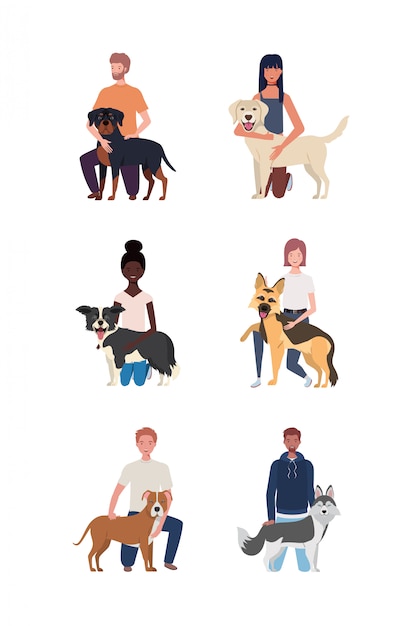 Vector young people with cute dogs mascots characters