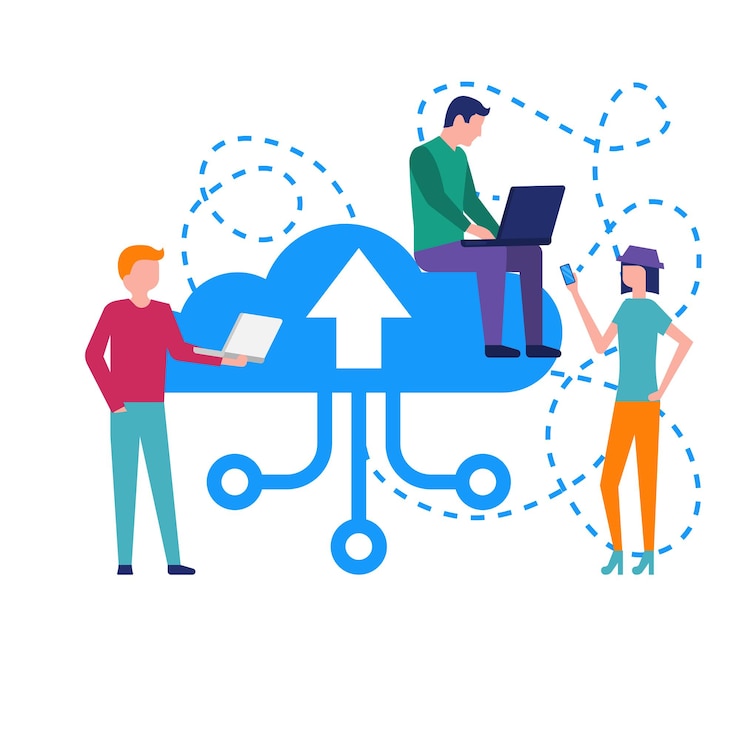 Vector young people with gadgets in hands download data to cloud storage. cloud service online media file data backup storage. upload download folder data disc information. vector illustration flat design.