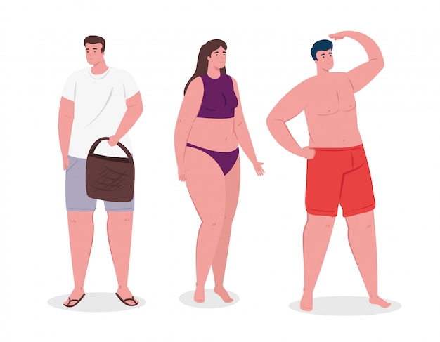 Young people, woman and men with swimsuit or clothes summer, vacation season