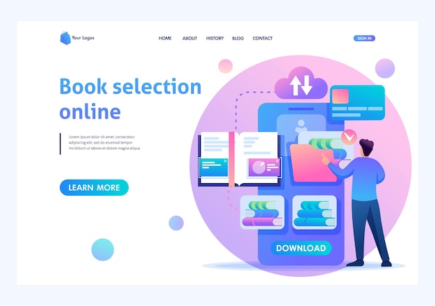 Young person chooses a book online using a mobile app Flat 2D character Landing page concepts and web design