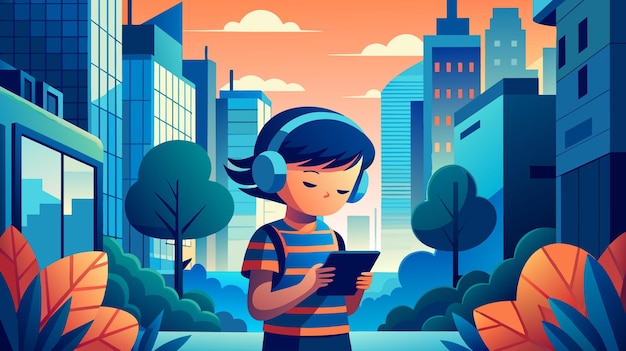 Young person enjoying music on tablet in urban sunset