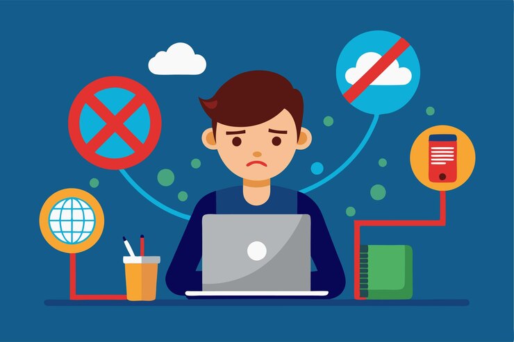 Vector a young person looks concerned while using a laptop surrounded by symbols showing online disconnection no connection flat illustration