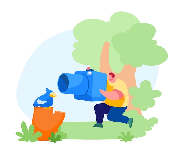 Young Photographer Male Character Making Picture of Cute Bird