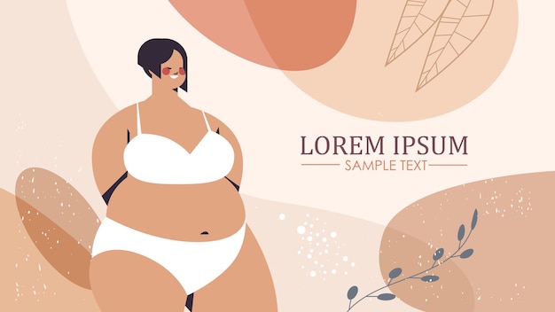 Young plus size girl in bikini overweight woman standing pose love your body concept portrait horizontal copy space vector illustration