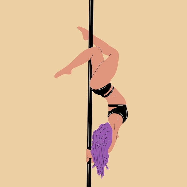 Young pole dance woman in black leotard, cartoon style vector illustration isolated on  background.