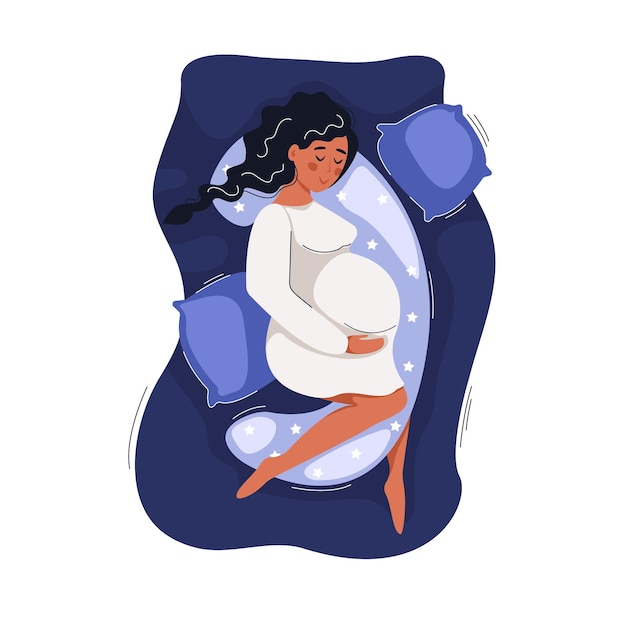 Vector young pregnant woman lying sleeping with pillows on bed. concept pregnancy and childbirth