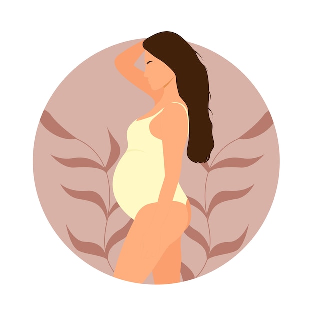 Young pregnant woman standing in nature Decorated beautiful leaves Vector illustration Mom