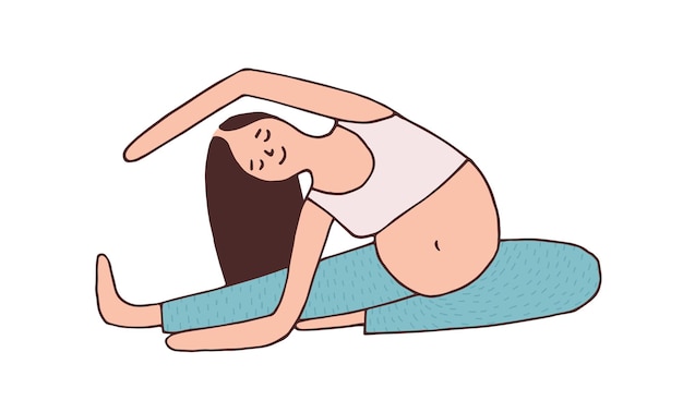 Vettore giovane donna incinta che allunga il suo corpo, facendo esercizio di yoga in gravidanza in posizione seduta. pilates e fitness per la mamma con la pancia. illustrazione vettoriale piatta colorata isolata su sfondo bianco.