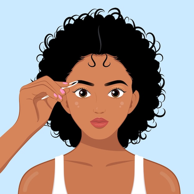Young pretty African girl plucks eyebrows with tweezers skincare make up beauty concept