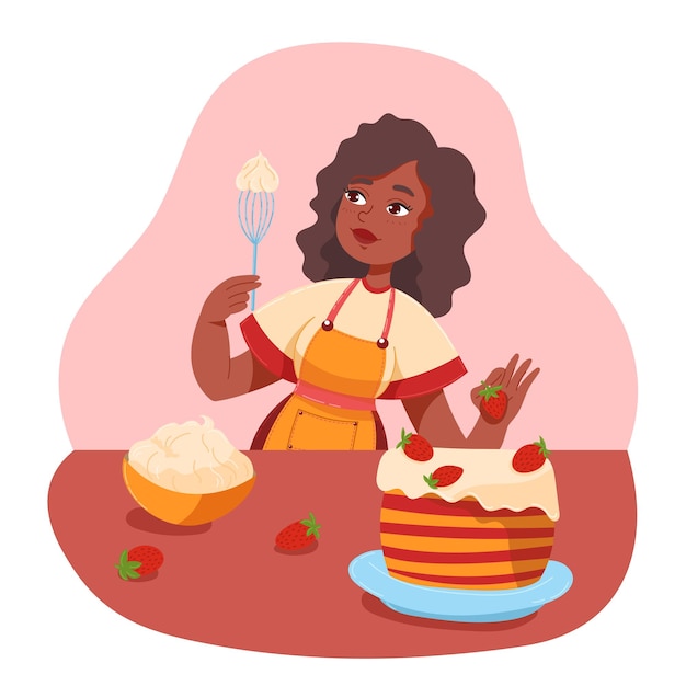 Young pretty african woman cooking a cake with strawberries and cream