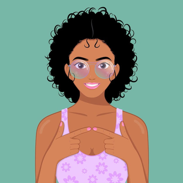 Vector young pretty african woman smiling wearing sunglasses poiting hand gesture curly hair dark skin