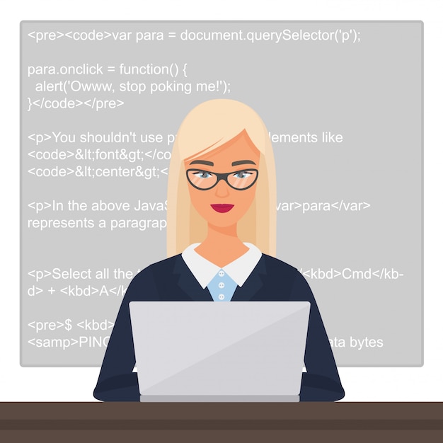 Vector young pretty beautiful blond lady black programmer sitting at the desktop and working on the laptop with code. professional female woman character coding