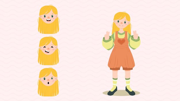 Vector young pretty blonde girl gestures victory hand sign with facial expressions