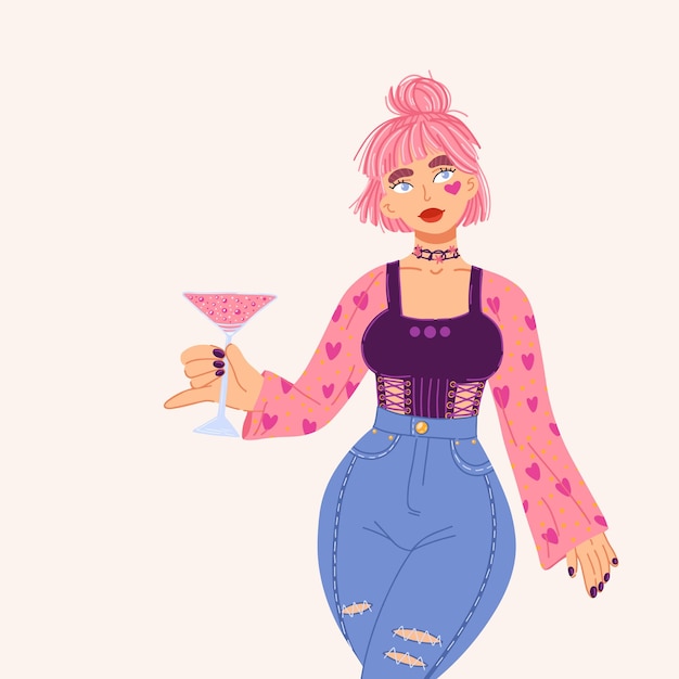 Vector young pretty girl with pink hair and a heart under her eye dressed in a corset and torn high waist jeans and holding a glass of pink cocktail in her hand