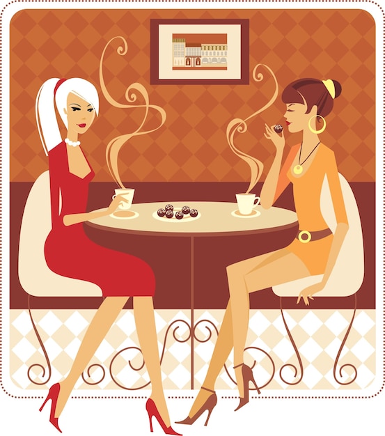 Vettore giovani ragazze graziose che si siedono in un caffè chiacchierando raccontandosi pettegolezzi e notizie