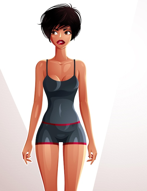 Vector young pretty lady in a sportswear with modern female haircut. vector illustration of a woman standing, full body portrait. sport and fitness idea