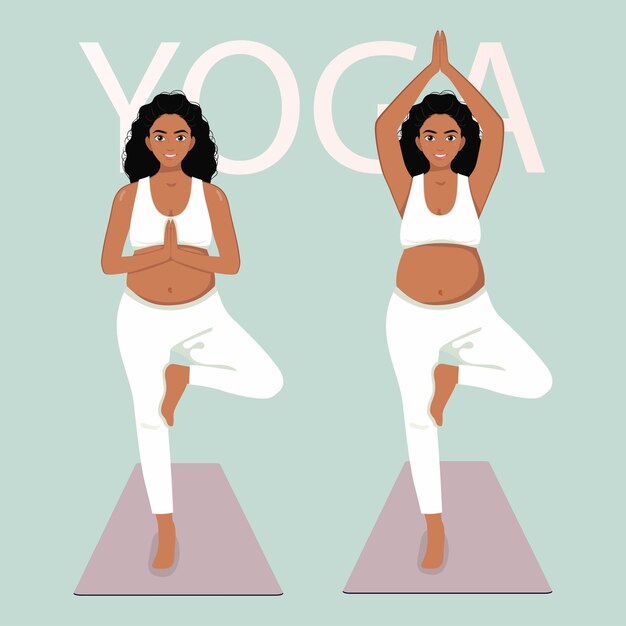 Young pretty pregnant african woman doing tree pose international yoga yoga and fitness concept