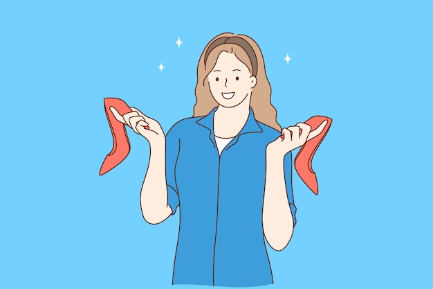 Young pretty smiling woman cartoon character standing and holding pair of stylish red shoes